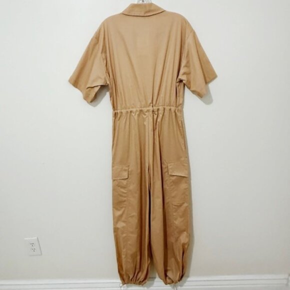 Zara Gabardine Utility Cargo Oversized Cotton Jumpsuit Tan Women's Size XS NWT - Picture 3 of 5